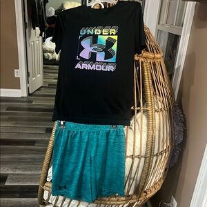 Boys Under Armour Black Tee and Teal Shorts Combo